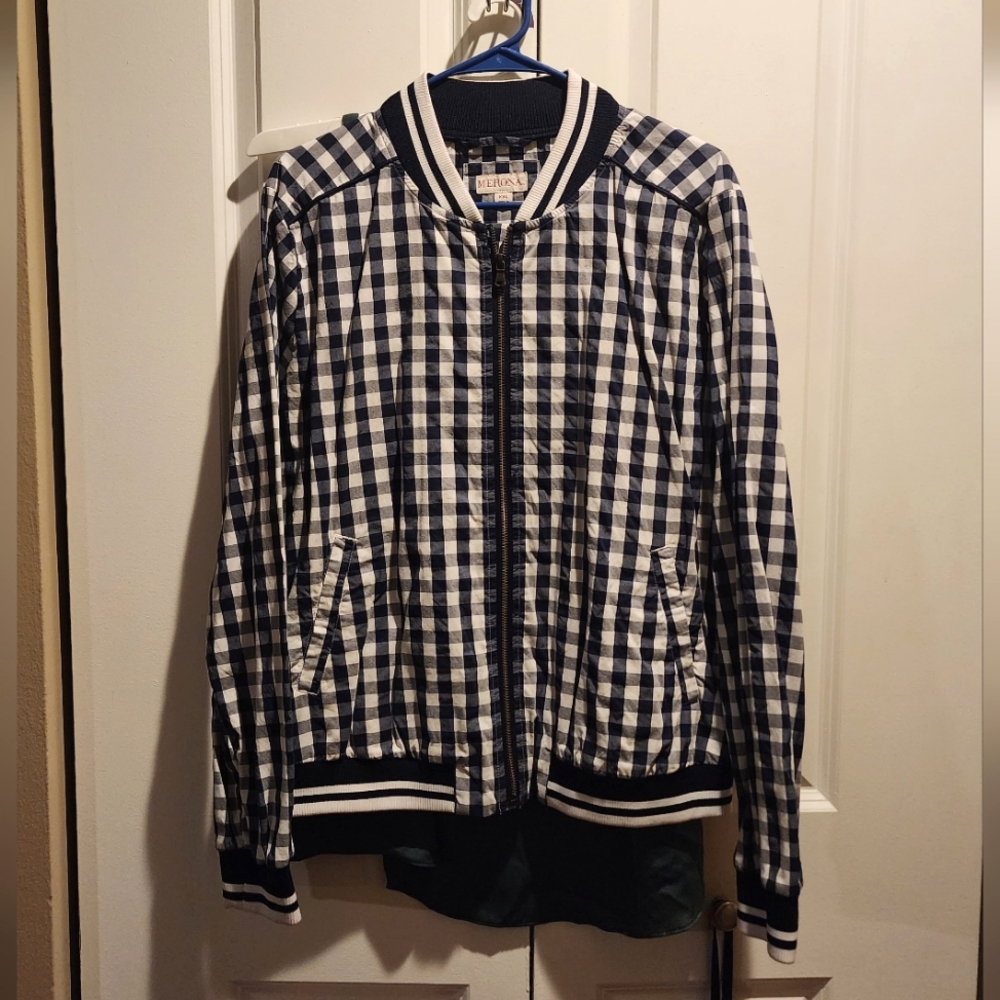 Merona Women's navy gingham plaid zip up bomber jacket size XXL